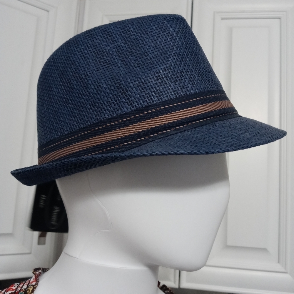 Charlatte Daniel Hats Blue Paper Blend Fedora Hat W Blue Beige Band Accent NEW
